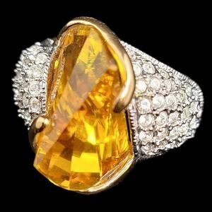 Retro KJL Kenneth Jay Lane Orange Citrine Rhinestone Cocktail Ring Glam Vibe
